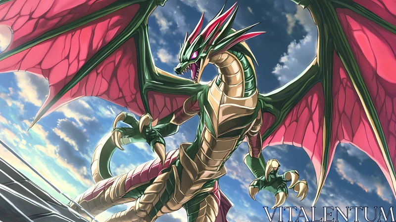 Armored emerald dragon spreads crimson wings above city
