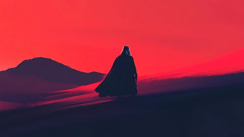 Dark cloaked figure on crimson desert ridge at dusk.