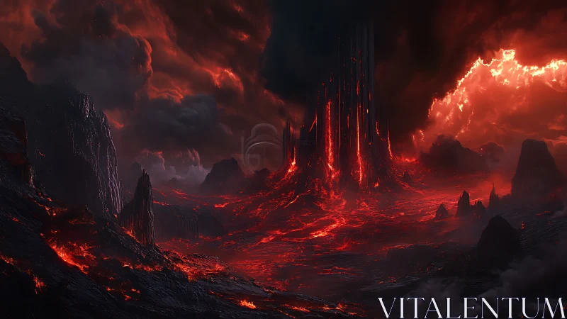 Towering obsidian citadel above a raging lava wasteland.