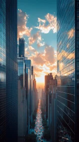 Sunlit urban canyon with reflective glass skyscrapers at dusk.