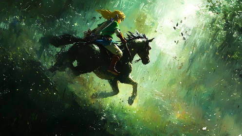 Heroic rider urges black horse through glowing forest light