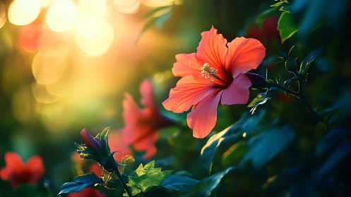 Coral hibiscus blooms bathe in golden hour radiance. Breathtaking floral moment.