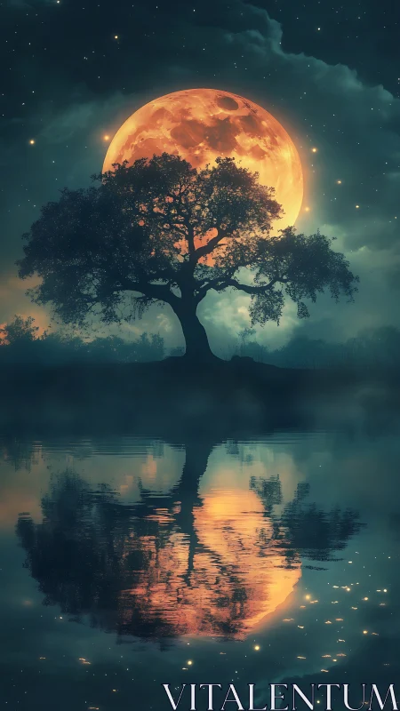 Full moon behind lone tree mirrored on still lake.