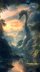 Serpentine sky dragon rising above misty jungle river.