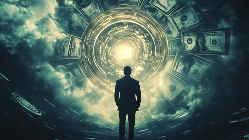 Backlit executive studies luminous data vortex framed by cash spiral