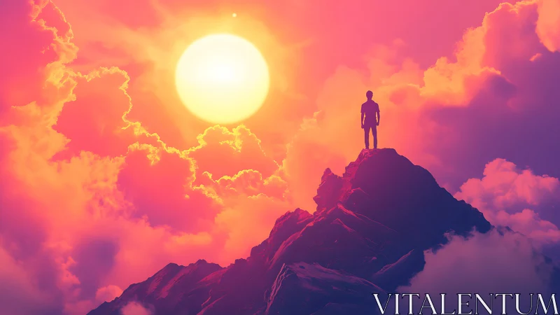 Sunlit summit moment with a dreamer above glowing clouds.