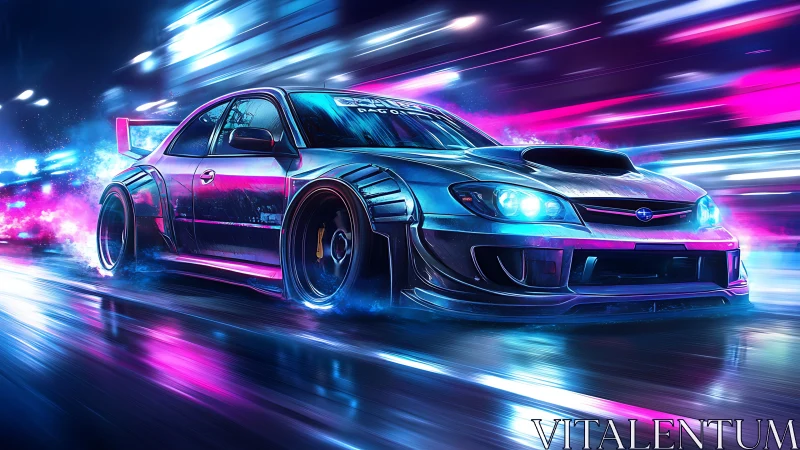 Tuned sports car racing through neon city streets at night.