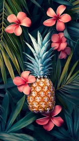 Pineapple rests amid lush tropical leaves and coral blossoms.