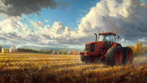 Bold red tractor rolls through a wide golden autumn field