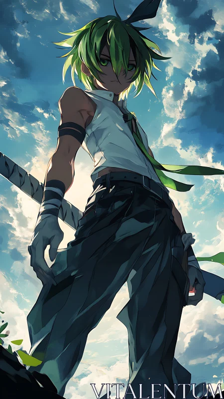 Dynamic low-angle anime hero under dramatic sky lighting.