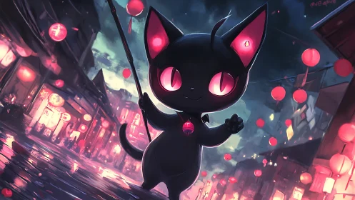 Glowing-eyed chibi black cat strolling through lantern street.