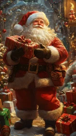Santa Claus holds wrapped gift amid decorated winter scene