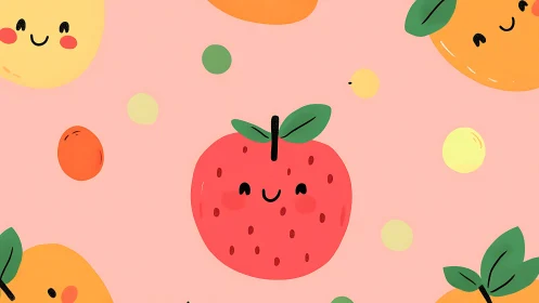 Playful kawaii fruit pattern in flat digital illustration style.