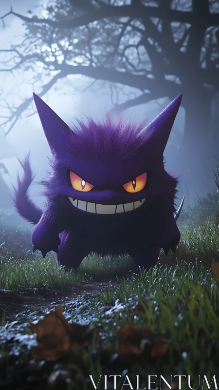 Mischievous purple ghost strolls through a foggy moonlit forest.