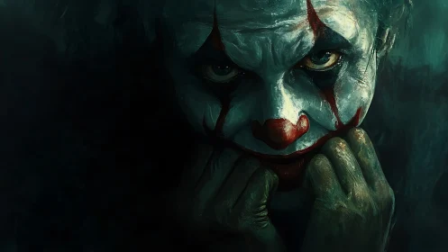Moody close-up of sinister clown portrait in teal darkness