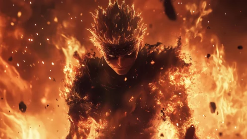Fiery humanoid figure emerges from intense surrounding flames