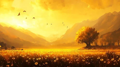Golden valley landscape with lone tree and wildflowers.