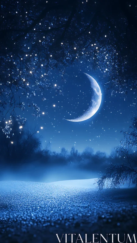 Crescent moon over frosted landscape in ethereal blue glow.
