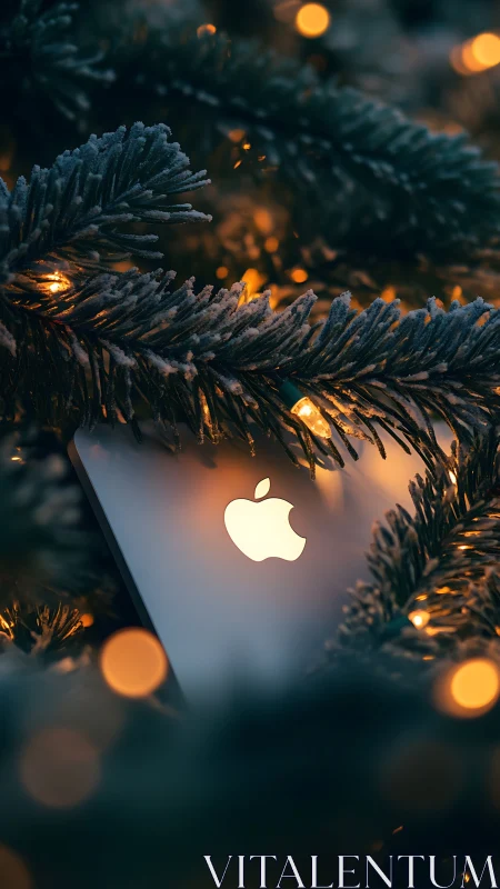 Photorealistic tech still life in frosted evergreen bokeh frame.