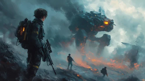Stormlit soldiers confront colossal mech on burning ridge.