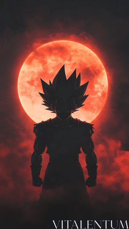 Silhouetted anime warrior under blood moon backlighting design.