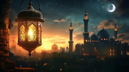 Ornate lantern glowing before domed mosque at sunset.