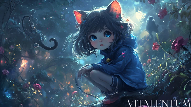 Cat-eared child waits in glowing, enchanted night forest.