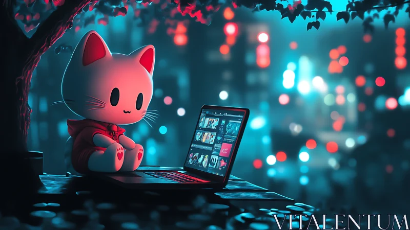 Cartoon cat figure operates laptop in stylized night scene