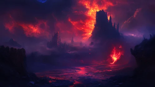 Volcanic infernal citadel under crimson storm-lit skies