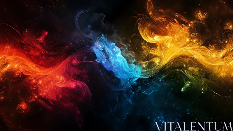 Multicolored swirling energy forms on dark abstract field.