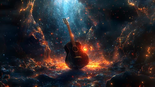 Luminous acoustic guitar in molten cavern with cosmic sparks.
