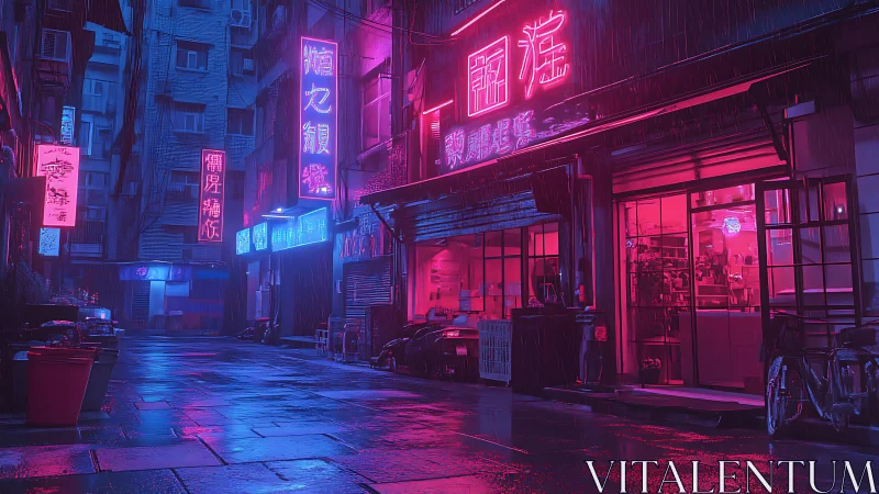Neon rainstorm drapes a quiet cyberpunk alley in magenta glow.
