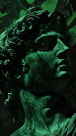 Green-lit classical marble bust with dramatic shadows.