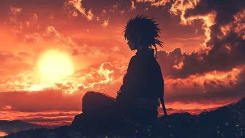 Anime silhouette at sunset with cinematic backlighting focus.