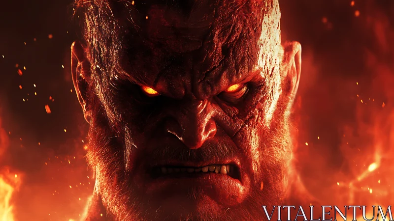 Infernal humanoid close-up with emissive eyes and scorched skin.