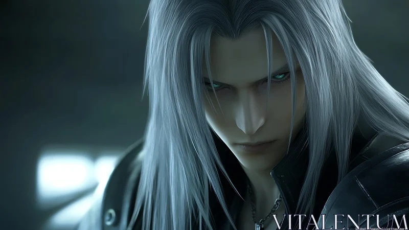 Silver haired anime warrior with intense green eyes.