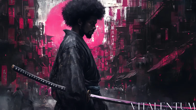 Afro samurai drifts through neon dusk and painted storm.