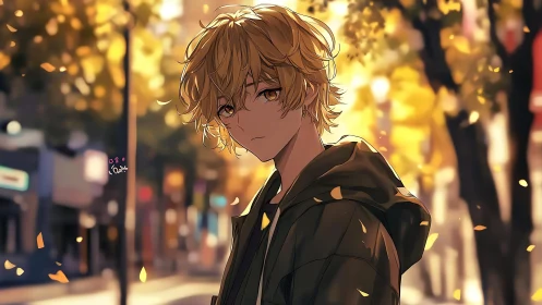 Backlit blond teen in hoodie amid shallow-depth urban autumn bokeh