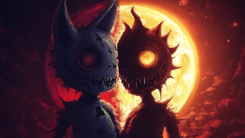 Twisted monster duo before burning moonlit sky.
