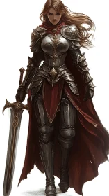 Crimson-clad lady knight strides forth in burnished valor.