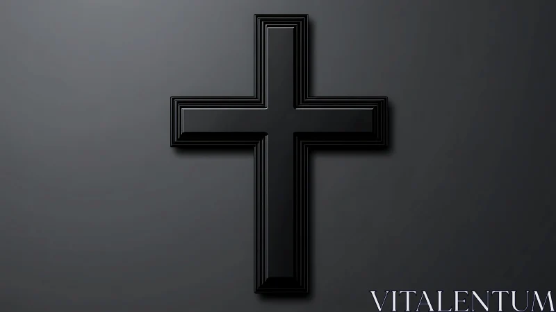 Sleek black cross glowing softly on calm dark background.