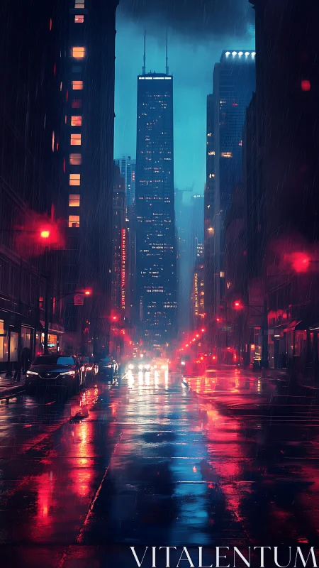Neon city street in rain with glowing skyscraper skyline.