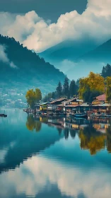 Lakeside village and misty mountains reflected on water.