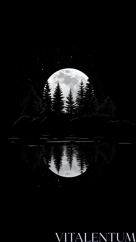 High-contrast lunar landscape with mirrored conifer silhouettes