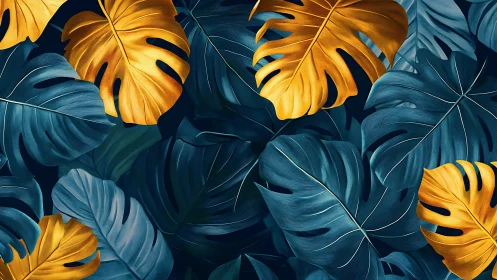 Golden monstera leaves glow against deep teal foliage.