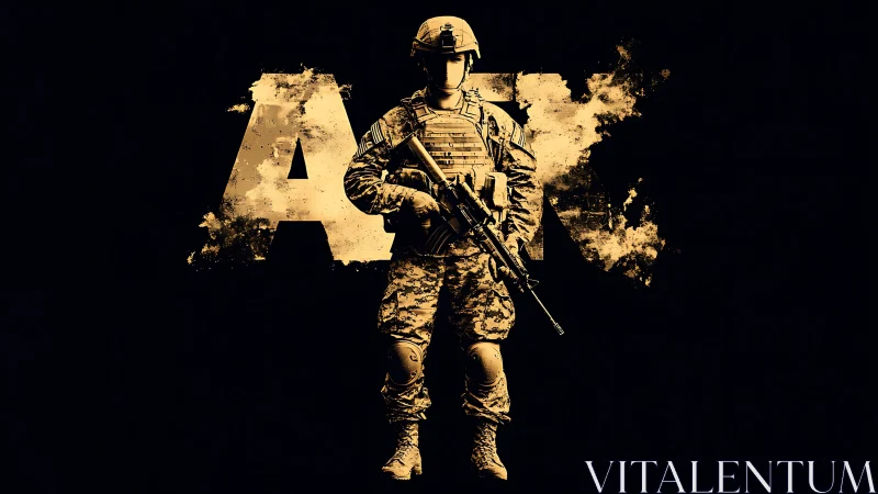 Golden soldier strides from shattered letters into shadow