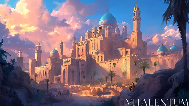 Sunlit desert palace with blue domes and tall towers.