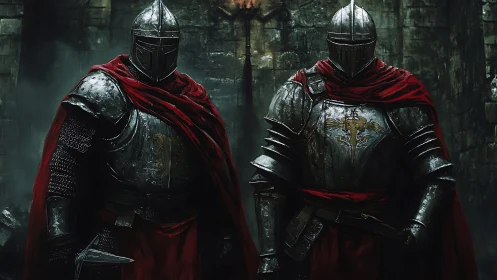Bastion-grade armored knights in red cloaks, low light study.