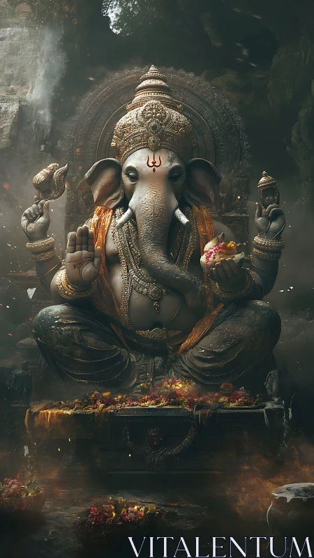 Intricate Ganesha idol rendered with cinematic volumetric lighting