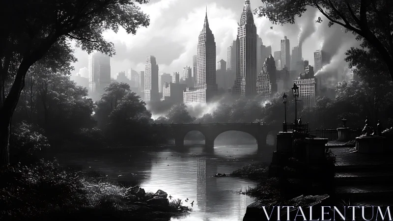 Noir city skyline rises beyond misted riverside park